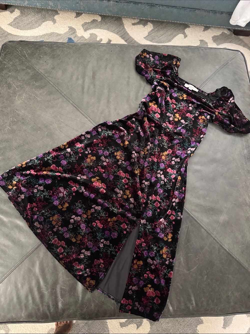 Floral Velvet Midi Dress — Black with Multicolor Flowers